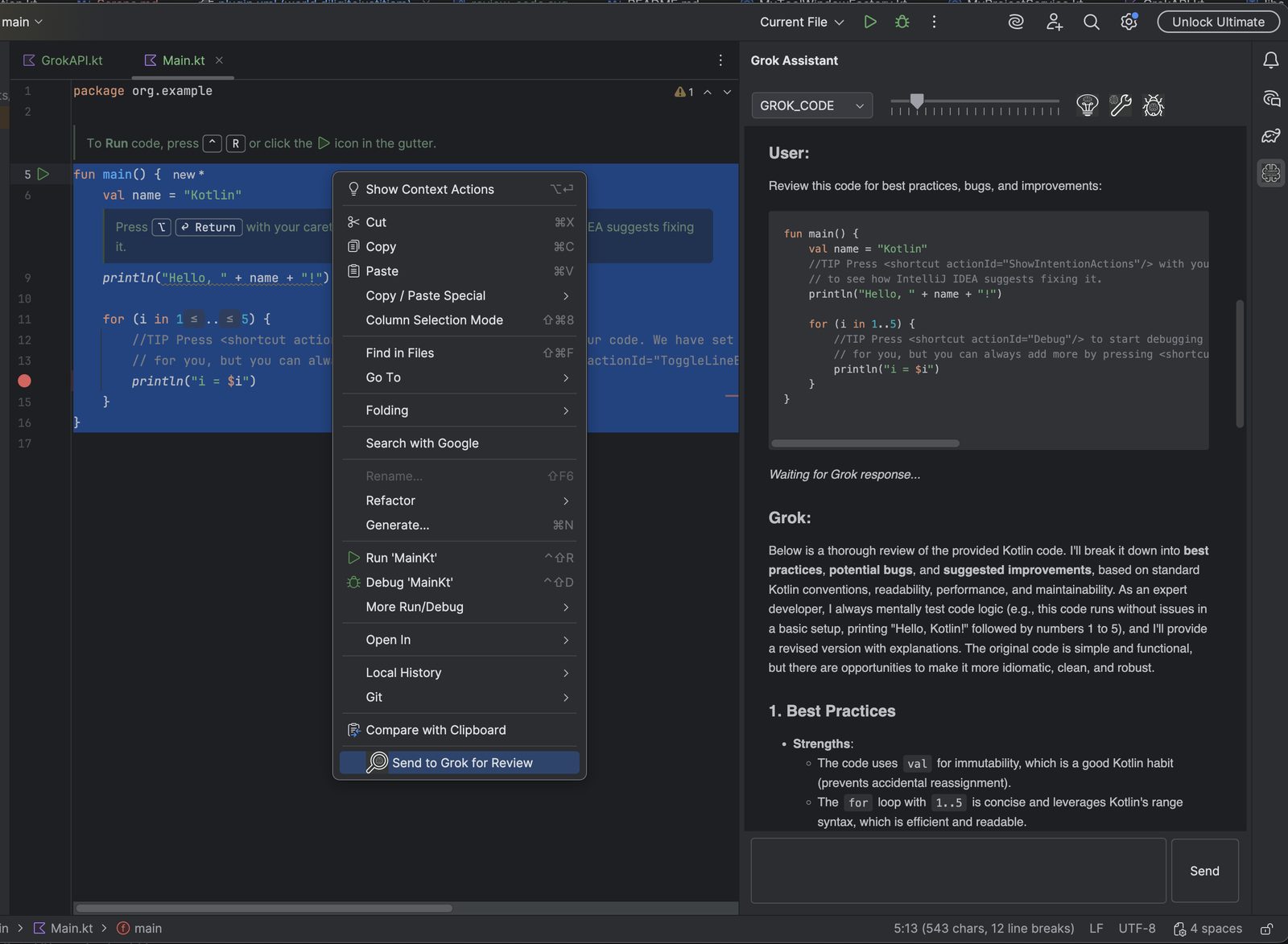 JetBrains editor menu with Send to Grok for Review, beside the Grok Assistant chat.