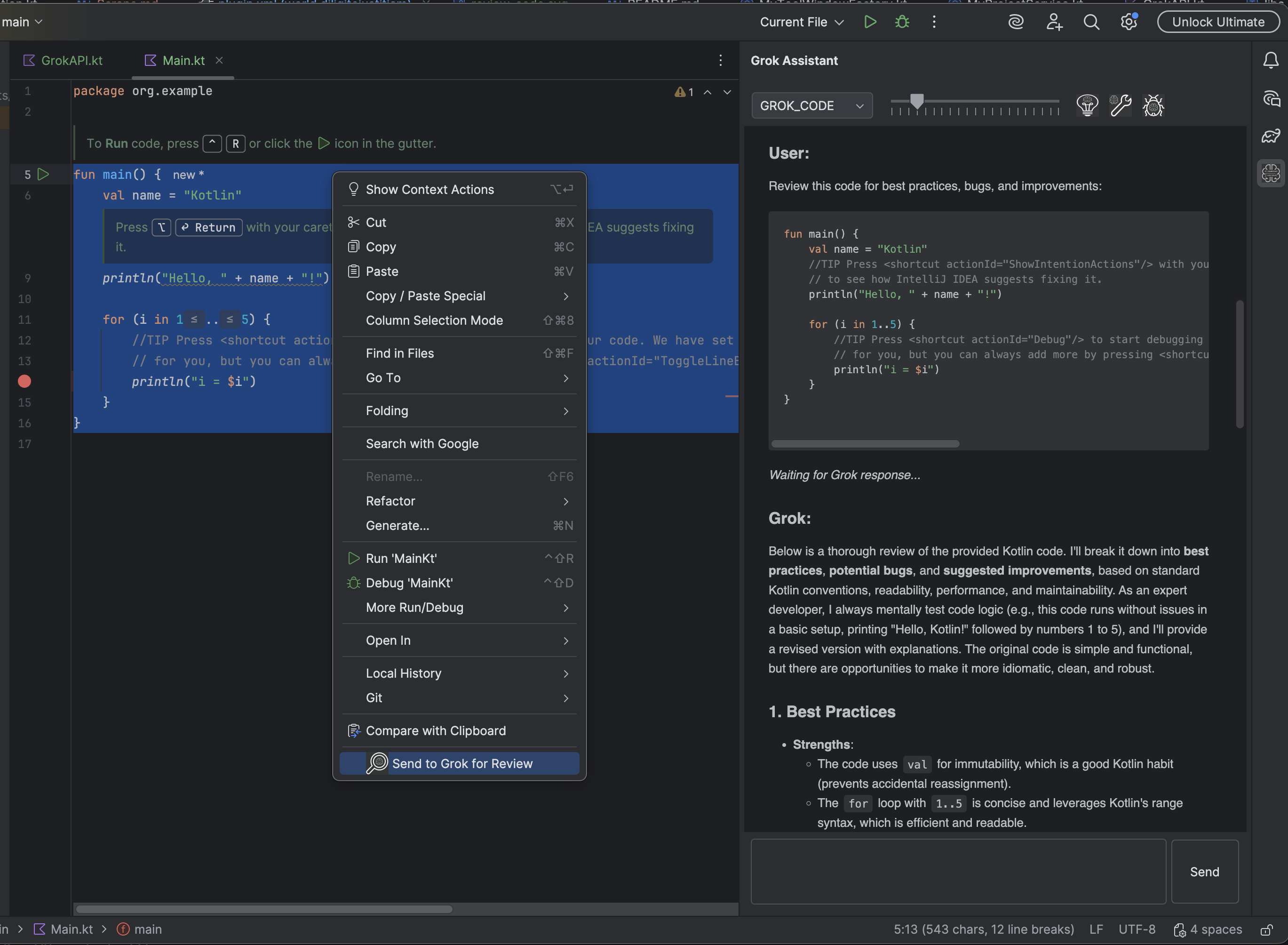 Intellego Grok AI Assistant in action
