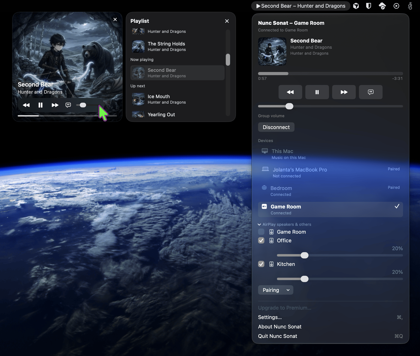 Nunc Sonat menu and mini player, with up next and timed lyrics