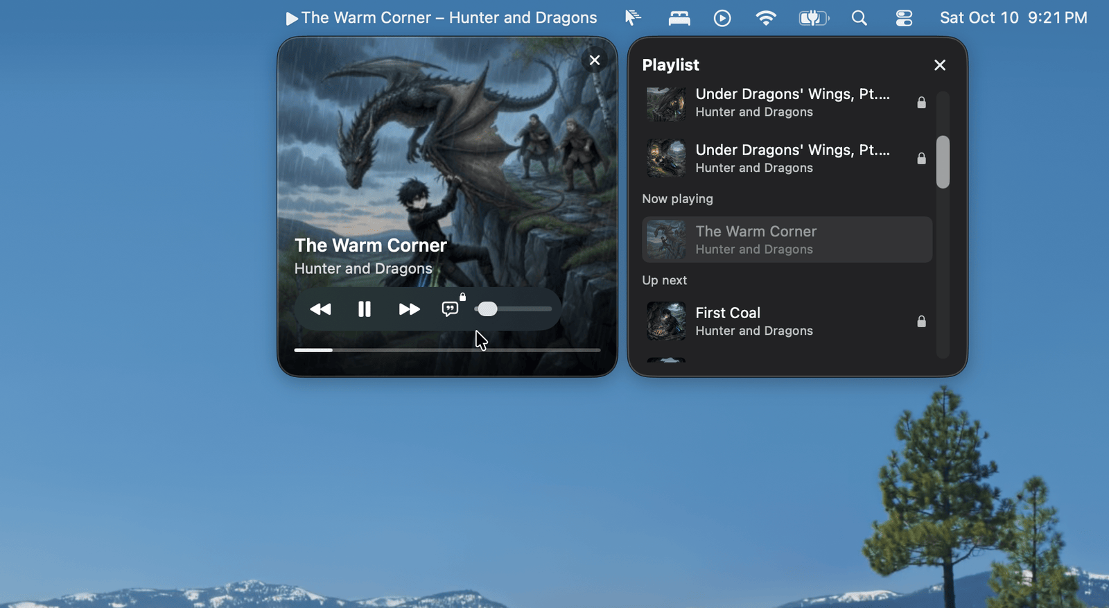 Nunc Sonat mini player beside an up-next list of songs.