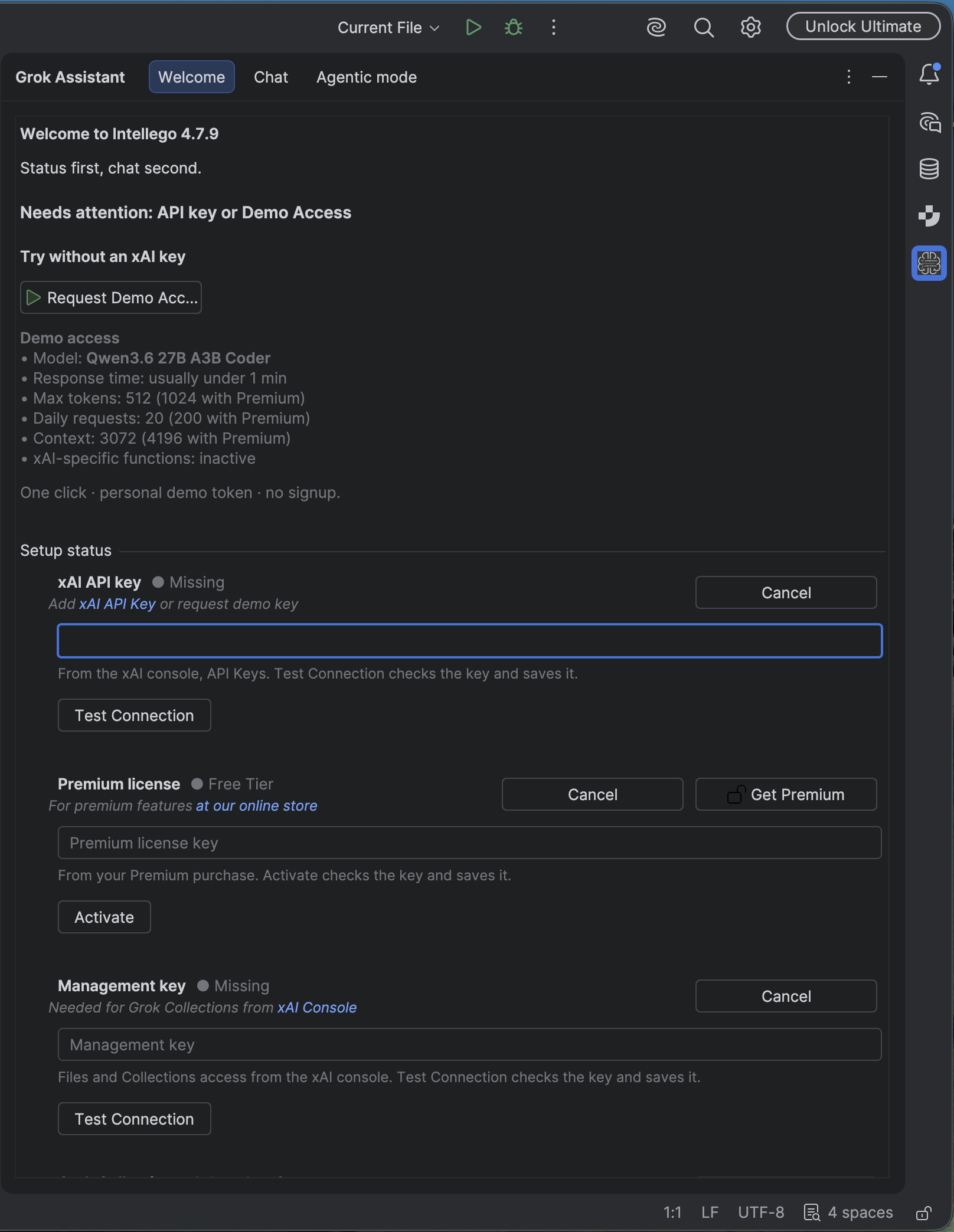 The Welcome tab with the xAI API key, Premium license, and management key fields open and empty. Each has Cancel. Test Connection is on the key rows. Activate and Get Premium are on the license row. Helper text says each check saves the key.