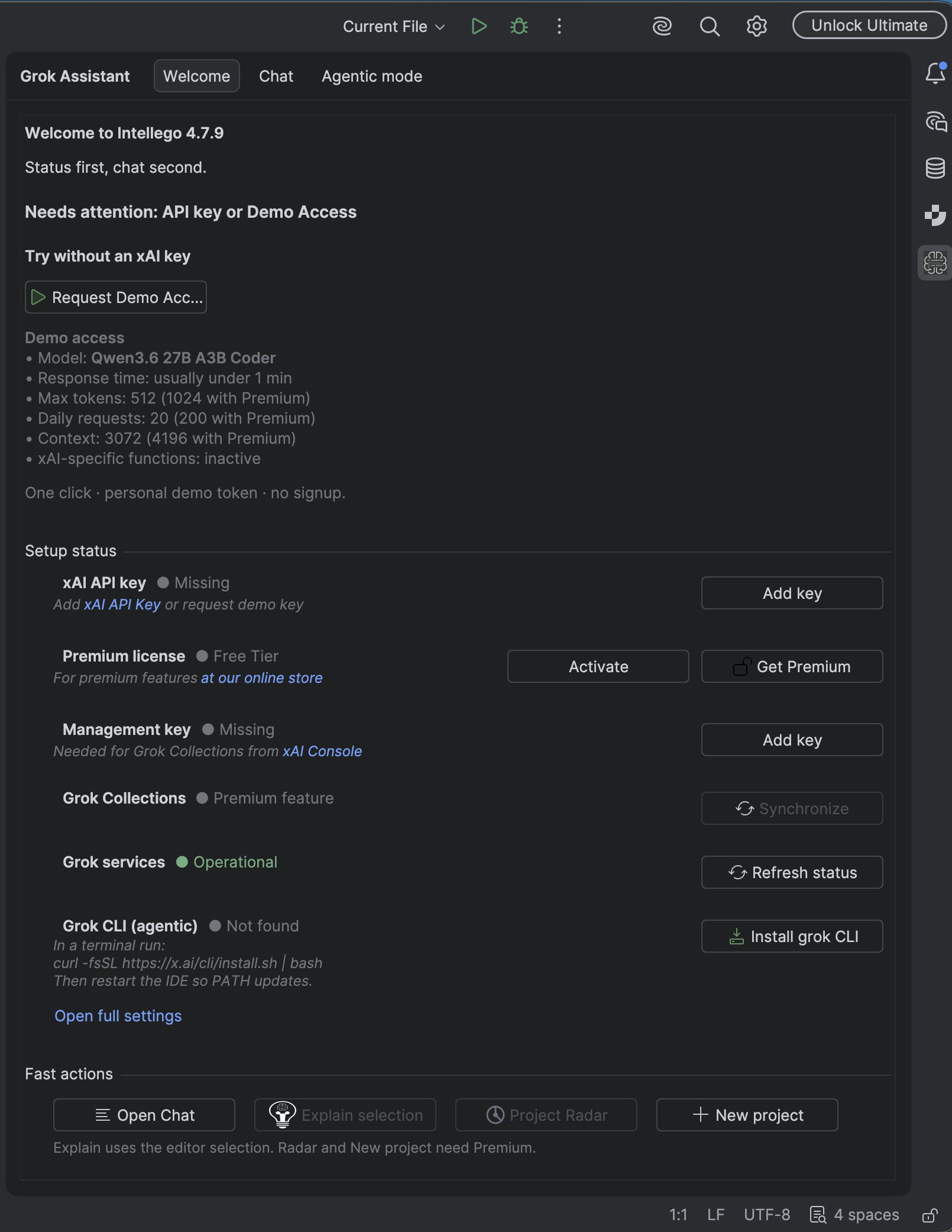The Welcome tab in Intellego 4.7.9 before any key is saved. Request Demo Access lists Qwen3.6 27B A3B Coder, 512 tokens, 20 requests a day, and context 3072, with higher Premium caps. The xAI API key and management key are Missing, Premium is Free tier, Grok Collections is a Premium feature, Grok services are Operational, and the Grok CLI is not found.
